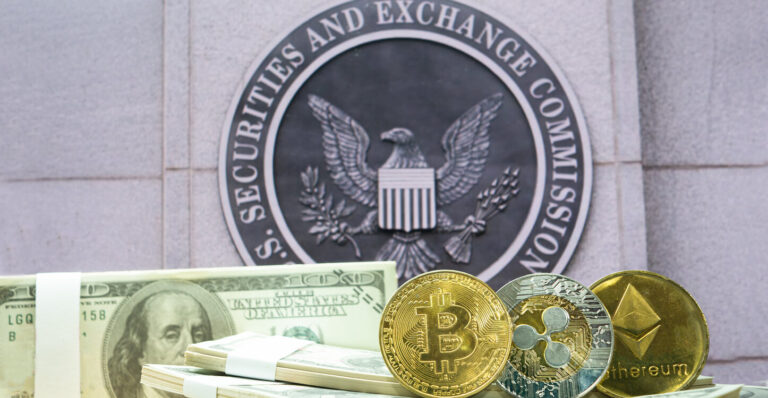 04 An image of crypto coins and fiat money in front of the SEC logo