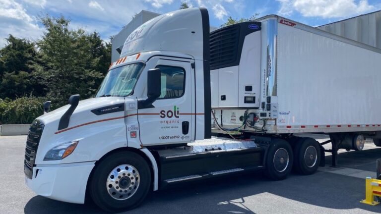 All electric vehicle EV Freightliner eCascadia from Penske Truck Leasing for Soli Organic delivery and shipping test