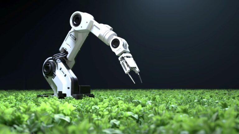 Smart robotic farmers concept robot farmers Agriculture technology Farm automation. 3D illustration by ES Sarawuth